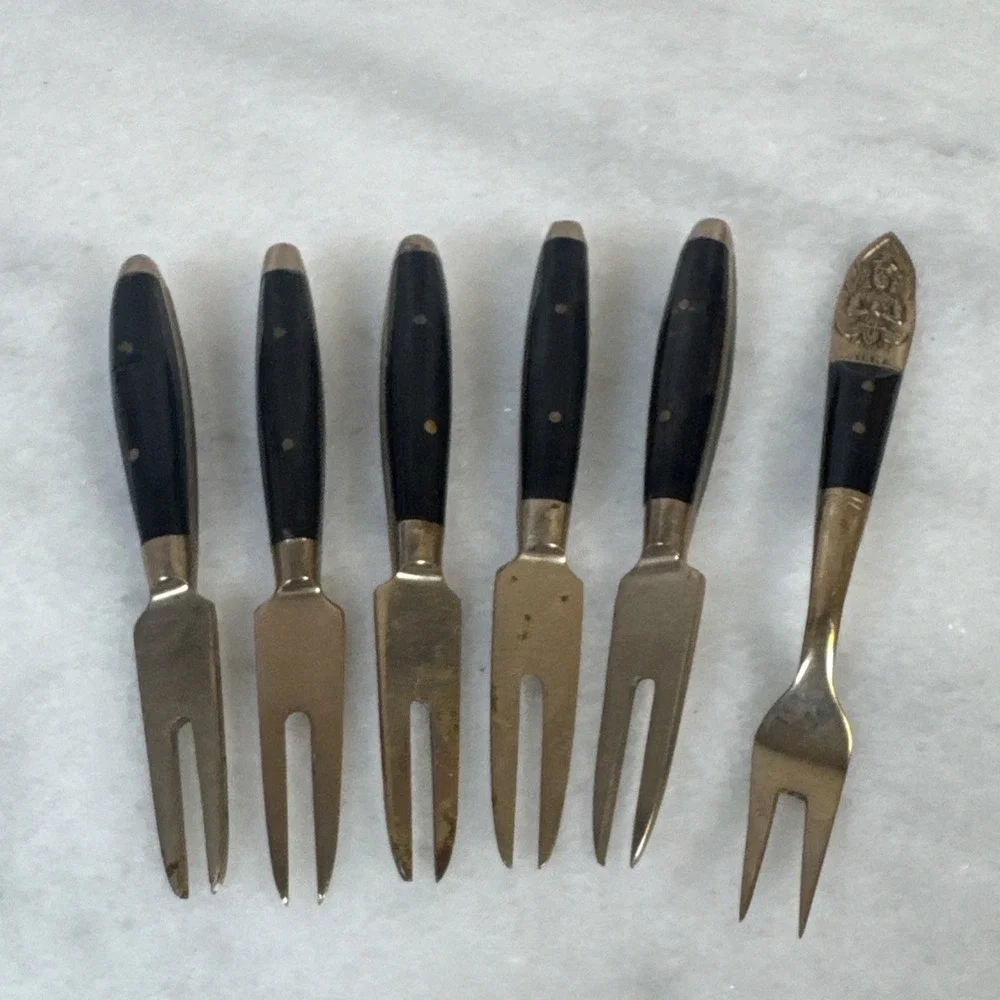 Vintage - SET of 6- Thailand BRASS & TEAKWOOD - Cocktail FORKS - 1960's